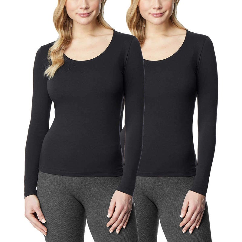 32 DEGREES Ladies' Heat Long Sleeve Scoop Neck Tee 2-Pack, Black/Black, Medium - Image 1